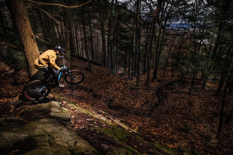 Mountain biker dropping off a rock ledge in a dark forest