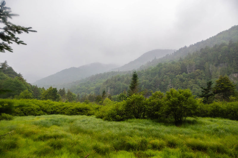 Misty green valley and mountains along the Indian Head Trail in the Adirondacks
